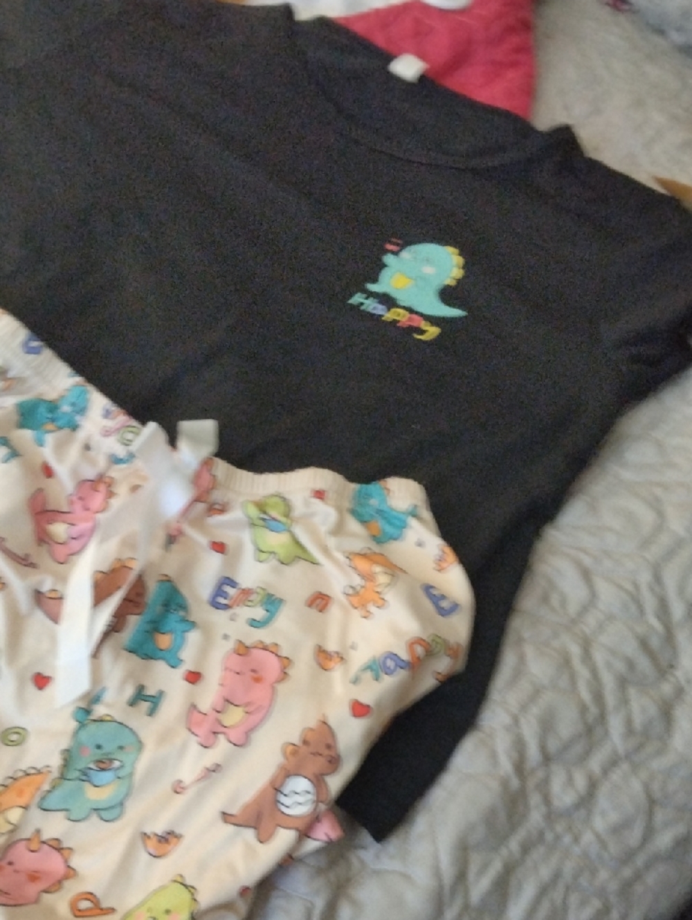 Source Unknown Black Dinosaur Graphic Pajama Set with Pastel Character Print